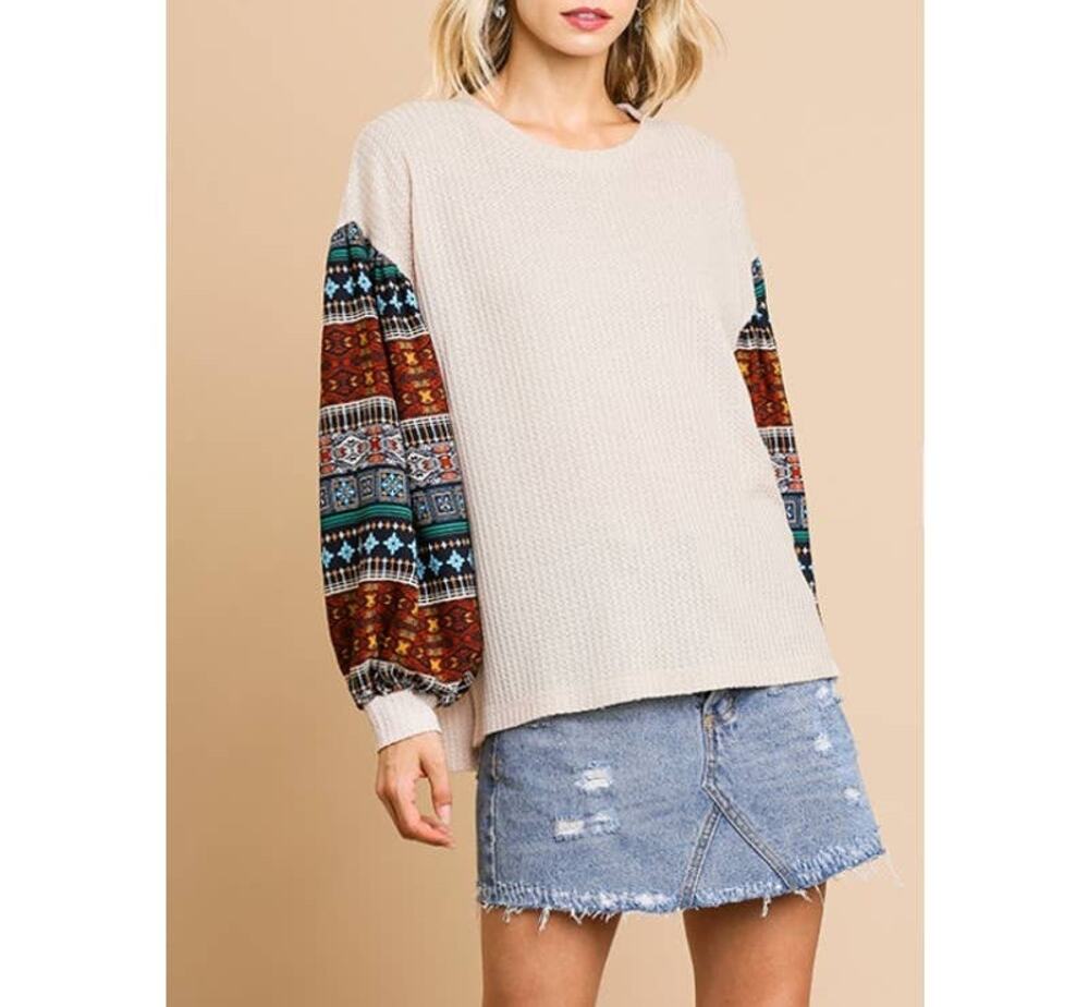 Umgee Cream Oversized Waffle Knit Top Print Long Puff Sleeve Blouse Size S
